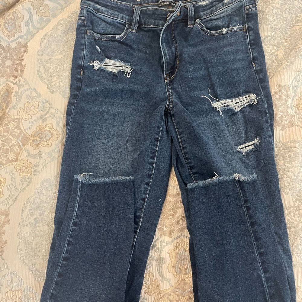 American Eagle Outfitters Dark Blue Distressed Cropped Jeans